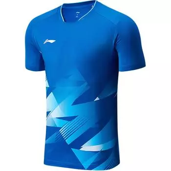 Футболка для бадминтона Li Ning с круглым вырезом и принтом логотипа, с короткими рукавами, унисекс, цвет минеральный-синий AAYU233-4 XL