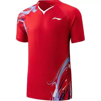 Футболка для бадминтона Li Ning с принтом и V-образным вырезом, удобная, дышащая, универсальная, с коротким рукавом, унисекс, цвет «красный киноварь» AAYU231-3 XL