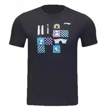 Футболка для бадминтона Li Ning с рисунком аниме и мультяшным принтом, с круглым вырезом, удобная, универсальная, дышащая, с коротким рукавом, унисекс, черная AHSUA47-1 M