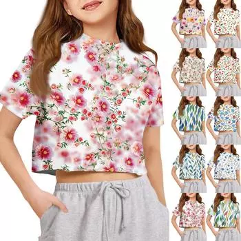 Футболка для детей для мальчиков и девочек с принтом, цветная, с открытым пупком, короткий рукав, свободный крой, пуловер, топы 100 синий