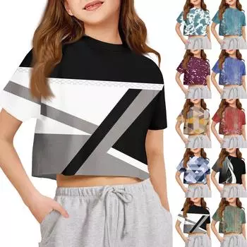 Футболка для детей для мальчиков и девочек с принтом, цветная, с открытым пупком, короткий рукав, свободный крой, пуловер, топы 150 чёрный