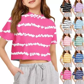 Футболка для детей для мальчиков и девочек с принтом, цветная, с открытым пупком, короткий рукав, свободный крой, пуловер, топы 100 чёрный