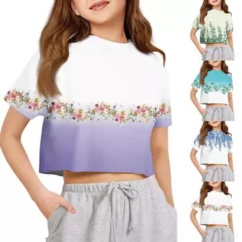 Футболка для детей для мальчиков и девочек с принтом, цветная, с открытым пупком, короткий рукав, свободный крой, пуловер, топы 100 синий