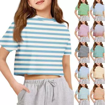 Футболка для детей для мальчиков и девочек с принтом, цветная, с открытым пупком, короткий рукав, свободный крой, пуловер, топы 130 чёрный