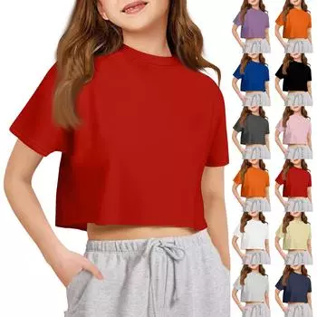 Футболка для детей для мальчиков и девочек с принтом, цветная, с открытым пупком, короткий рукав, свободный крой, пуловер, топы 160 тёмно-синий