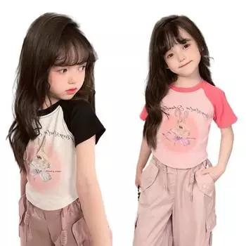 Футболка для девочек 1-7 лет, летние повседневные тонкие топы, футболка с милым мультяшным кроликом, одежда с принтом 90