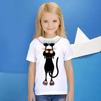 Футболка для девочек Футболка с изображением животных для девочек Футболка с 3D-принтом Мультяшный кот Funsummer Повседневная Удобная Дышащая Короткий рукав 100