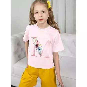 Футболка для девочек Одежда 2024 Одежда для девочек Розовый цветок Буква M Детский топ Футболки Детская одежда Дети Лето Ребенок 100cm