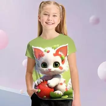 Футболка для девочек с 3D-графикой мультяшного кота, футболка с короткими рукавами и 3D принтом, лето-весна, активная мода, милый полиэстер, для детей 3-12 лет, на открытом воздухе 100