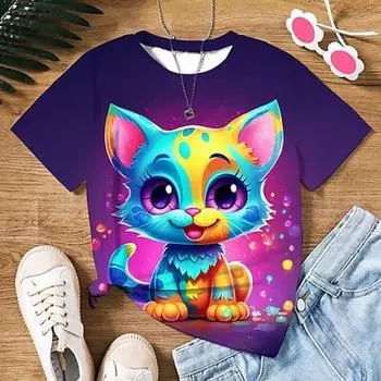 Футболка для девочек с 3D-графикой мультяшного кота Футболка с короткими рукавами 3D принтом Лето Весна Активный Мода Милый Полиэстер Дети 3-12 лет На открытом воздухе На каждый день 100