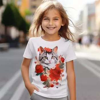 Футболка для девочек с 3D-принтом и рисунком мультяшного кота, футболка для девочек с изображением животных, летняя повседневная, удобная, дышащая, с коротким рукавом 100