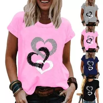 Футболка для девочек с круглым вырезом и короткими рукавами, устойчивая к царапинам, повседневный пуловер с забавным принтом в виде сердца, уличная одежда 3XL розовый