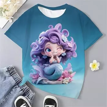 Футболка для девочек с принтом в виде мультяшного кота в 3D-стиле Футболка для девочек с изображением животных Летняя повседневная удобная дышащая футболка с коротким рукавом 100