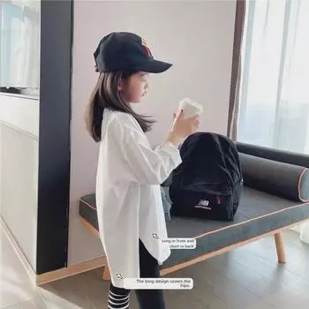 Футболка для девочек весна 2024 с длинными рукавами и разрезом снизу - белая, в стиле вестерн для детей белый