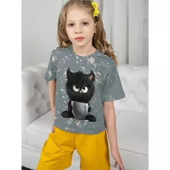 Футболка для девочки Grumpy Coffe Cat Детская одежда для девочек 2024 Летние футболки для детей Детская одежда Верхняя одежда для детей и подростков 100cm