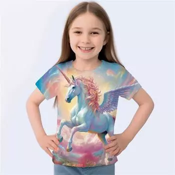 Футболка для девочки с изображением животного и лошади, летняя, повседневная, удобная, с коротким рукавом, с 3D-принтом, забавная, детская одежда 110