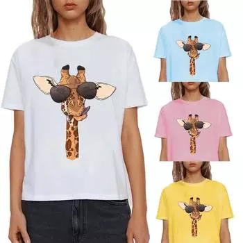 Футболка для девочки с принтом жирафа и очками, свободные буквы, чистый хлопок, круглый вырез, футболки для женщин S чёрный