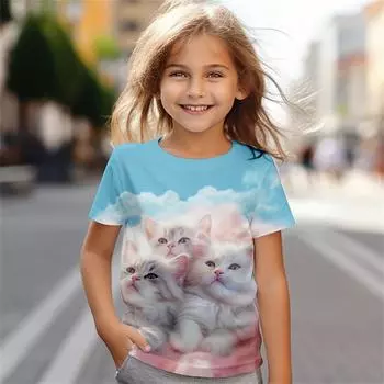 Футболка для девочки с рисунком кота, летняя, повседневная, удобная, с коротким рукавом, с 3D-принтом, забавная, для девочек, детская одежда 100