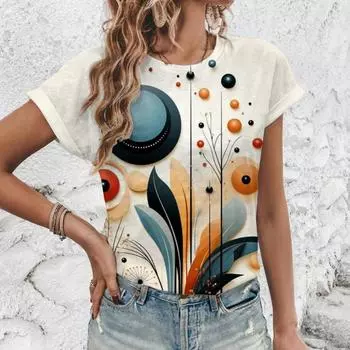 Футболка для летнего отдыха, женская футболка, художественный цветочный узор, модная принтованная футболка, элегантная женская футболка с коротким рукавом S