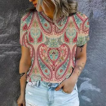 Футболка для летнего отдыха, женская футболка с ретро-цветочным принтом, модная футболка с принтом, элегантная женская футболка с коротким рукавом S