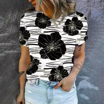 Футболка для летнего отдыха, женская футболка с ретро-цветочным принтом, модная футболка с принтом, элегантная женская футболка с коротким рукавом S
