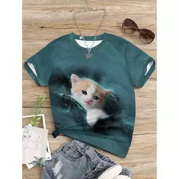 Футболка для летней девочки с 3D милым котом в кармане, темно-зеленый с круглым вырезом и короткими рукавами 110