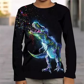 Футболка для мальчика 2023 года, детская одежда, 3D-принт с изображением динозавра, масляная живопись, цельный комплект, футболка с длинным рукавом для мальчика, футболка на Хэллоуин L
