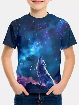 Футболка для мальчика Детская 3D-печать Howling Wolf Топы Футболки Корейская детская одежда 2024 Топы Одежда для мальчиков с коротким рукавом 100