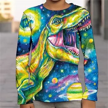Футболка для мальчика, осенняя детская одежда, 3D-принт с изображением динозавра, масляная живопись, цельный комплект, футболка с длинным рукавом для мальчика, футболка на Хэллоуин L