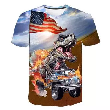 Футболка для мальчика с изображением динозавра и автомобиля, 3D-принт, мультяшный аниме-модный тренд, короткий рукав, круглый вырез, футболки для мальчиков 110