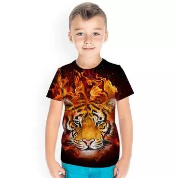 Футболка для мальчика с изображением животных, 3D-принт головы тигра, морской рыбы, модные трендовые футболки с коротким рукавом и круглым вырезом, детская одежда 120