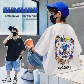 Футболка для мальчиков 2024 года в тренде на лето: Короткий рукав, модный уличный стиль для детей 110cm белый