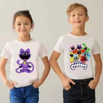 Футболка для мальчиков и девочек с принтом «Улыбающиеся зверьки» для детей из мультфильмов, забавная детская одежда, летние топы с коротким рукавом для малышей, футболка 130