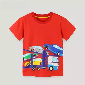 Футболка для мальчиков из хлопка с принтом «машина» 2025 года — короткий рукав, круглый вырез 115cm