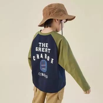 Футболка для мальчиков из хлопка с рукавами реглан контрастного цвета - весна/осень, приятная для кожи, впитывающая пот, средние/большие размеры, новогодняя мода 120 cm белый/чёрный