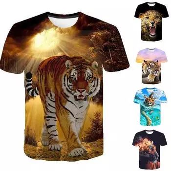 Футболка для мальчиков, летняя футболка с 3D принтом тигра, детский топ, крутая футболка с изображением животных для мальчиков и девочек 120 синий