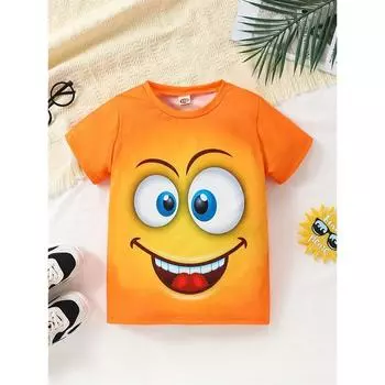 Футболка для мальчиков с милым принтом лица персонажа мультфильма, графические футболки, одежда для девочек, топы с коротким рукавом, летняя одежда для мальчиков с круглым вырезом 100