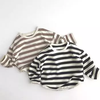 Футболка для маленьких мальчиков и девочек от 0 до 5 лет, весенне-осенняя тонкая полосатая одежда для новорожденных, хлопковая верхняя одежда с длинными рукавами, 2024 г. 80 чёрный
