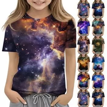 Футболка для малышей, девочек и мальчиков, симпатичные футболки с принтом звездного неба, детские рубашки 1-15 лет 100