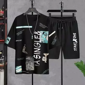 Футболка для мужчин, комплект, летняя футболка с мангой, топы с медведем, свободная футболка с граффити, модная мужская повседневная одежда с коротким рукавом и готическим принтом S