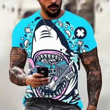 Футболка для мужчин, мужская футболка с принтом акулы аниме, топы с короткими рукавами в стиле хип-хоп, летняя уличная одежда с круглым вырезом, футболки большого размера S синий/жёлтый