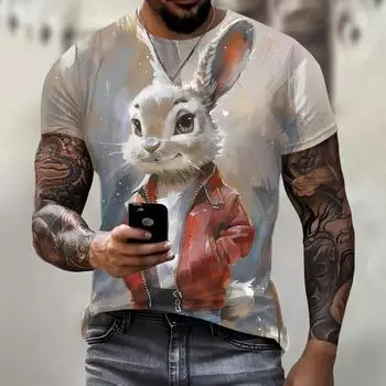 Футболка для отдыха с принтом 3D Кролик Принт Футболки Топы Модные мужские футболки с рисунком животных Большие размеры Уличная одежда с круглым вырезом Мода S