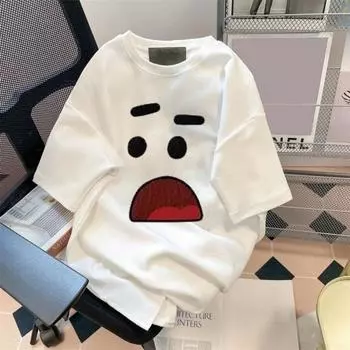 Футболка для пар с мультяшным выражением лица с принтом кактуса с короткими рукавами из ледяного шелка, свободный круглый вырез M чёрный