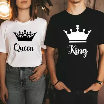 Футболка для пар с принтом King Queen Crown, женская свободная футболка с короткими рукавами и круглым вырезом, модная футболка для влюбленных, топы, одежда S