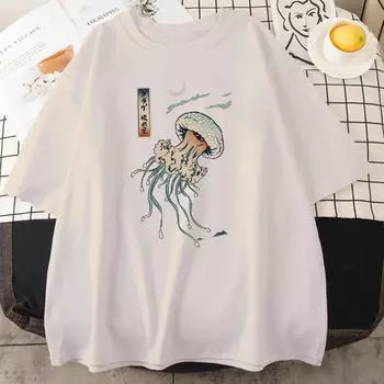 Футболка для плавания с разноцветным принтом медузы, мужская, японская, Harajuku, топы с круглым вырезом, все математические, большие размеры, винтаж, унисекс, хлопок, короткий рукав S