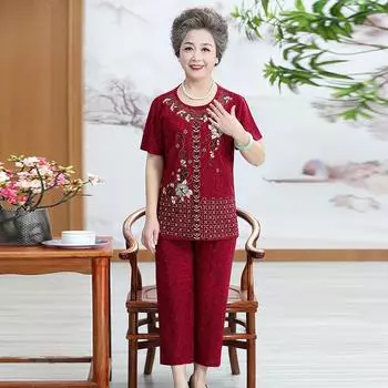Футболка для пожилых женщин, брюки, элегантный цветочный принт, брюки для бабушки, дышащий, высокоэластичный летний комплект XXXXL красный