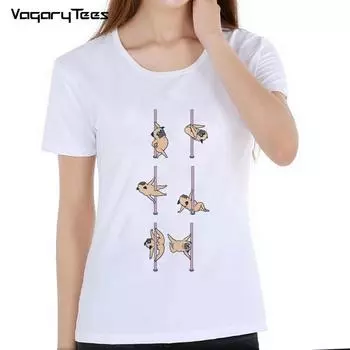 Футболка для танцев с забавными мопсами, женская футболка с принтом для танцев на шесте, высокое качество S белый