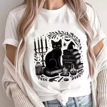 Футболка для женщин Хэллоуин Черная кошка и книги Аниме Футболка Графический Y2k Топы Модные летние футболки с коротким рукавом Женская одежда S