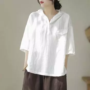 Футболка для женщин, летняя, большого размера, хлопковая футболка, мягкая, свободная, с капюшоном, повседневная, удобная, пуловер, футболка, топ M белый