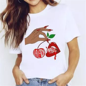 Футболка для женщин-подростков, футболки с героями мультфильмов Kawaii Trend, дизайн ногтей для ногтей, одежда унисекс, винтажная мужская уличная одежда, повседневный стиль, мода M